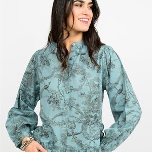 Ivy Jane Toile Print Ruffle Hem Button Down Blouse – Small – 100% Cotton